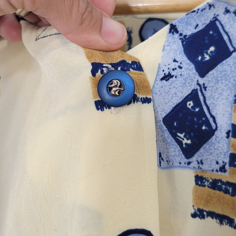 Vintage Unisex Abstract Yellow Blue Print Short Sleeve Button-Up Shirt Retro - Picture 7 of 11